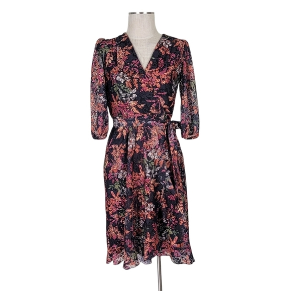 Danny & Nicole Faux Wrap Dress Size 8 Lace Overlay Ruffle Belted Puff Shoulder - Picture 1 of 12
